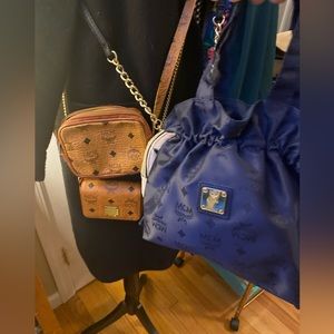 MCM navy jacquard cinch evening bag